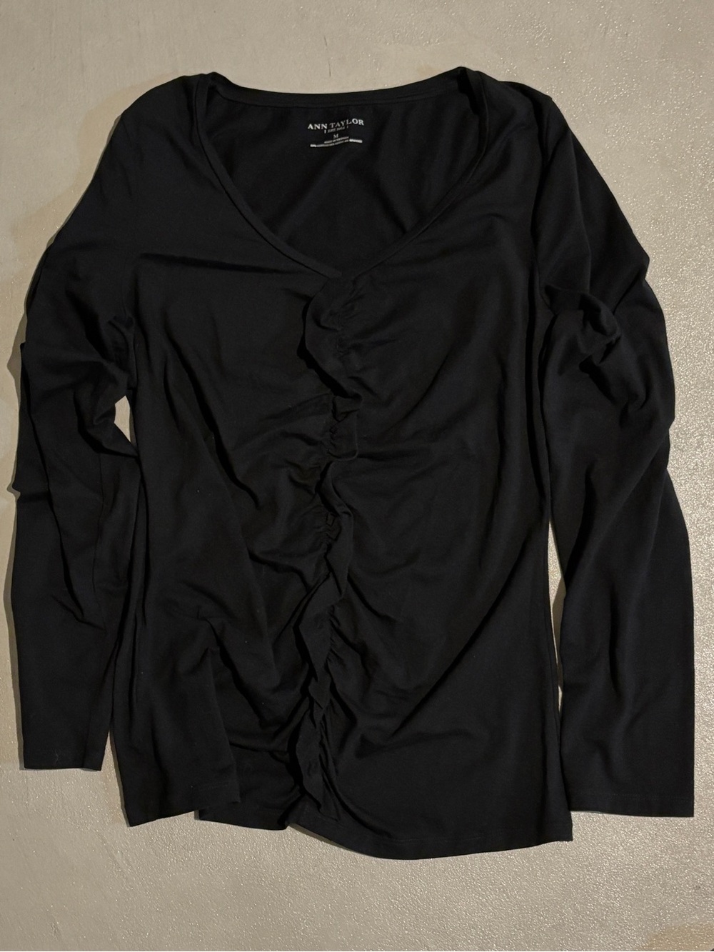 Ann Taylor Black Ruched V-Neck Long Sleeve Top